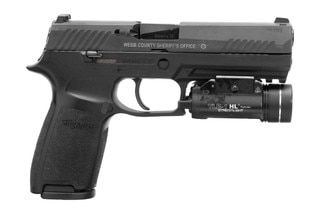 Striker-fired 9mm handgun with Streamlight weapon light, black.